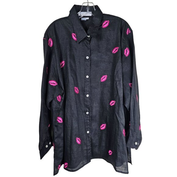 Casey Coleman Black Linen Button Up Shirt 2X Embroidered Pink Lip Artsy Eclectic - Picture 1 of 10